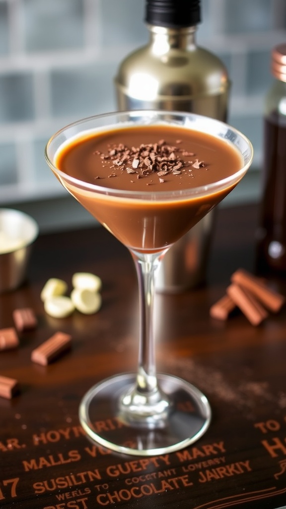 Chocolate Bourbon Martini in a martini glass with chocolate shavings on top, set on a wooden bar.